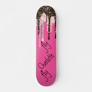 Hot Pink Glitter Girly Sparkle Personalised Name Skateboard