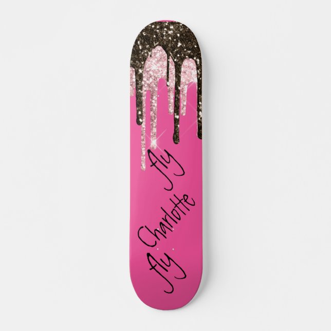 Hot Pink Glitter Girly Sparkle Personalised Name Skateboard (Front)
