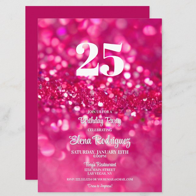Hot Pink Glitter Glam 25st Birthday Invitation (Hot Pink Glitter Glam 25th Birthday Party Invitation, Girly Chic Invite, Trendy, Feminine)