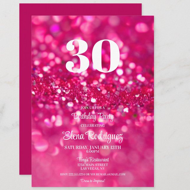Hot Pink Glitter Glam 30th Birthday Invitation (Hot Pink Glitter 30th Birthday Party Invitation, Girly, Feminine, 30)