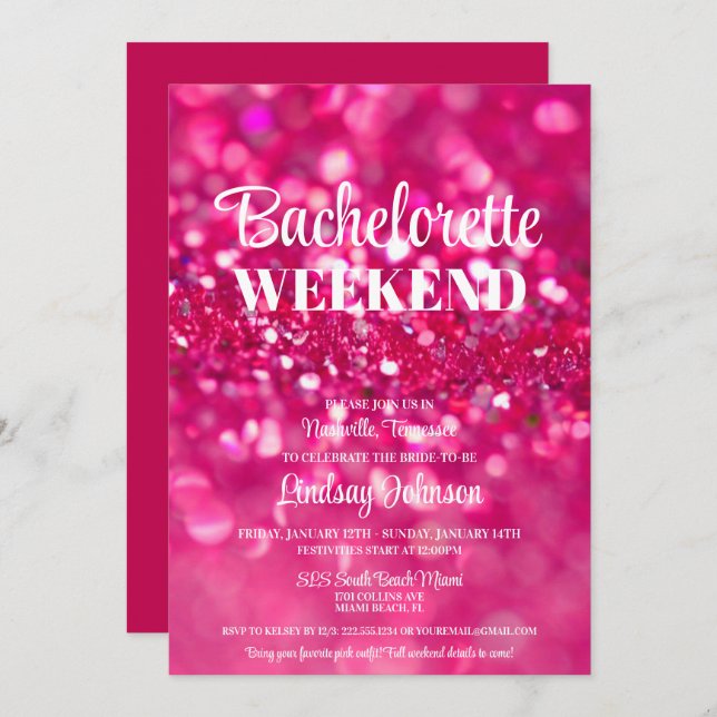 Hot Pink Glitter Glam Bachelorette Party Weekend Invitation (Front/Back)