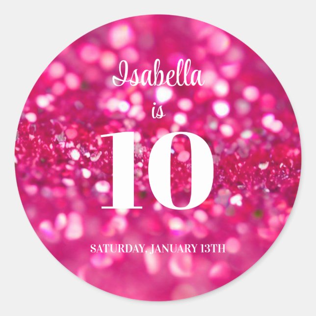 Hot Pink Glitter Glam Personalised 10th Birthday Classic Round Sticker (Front)