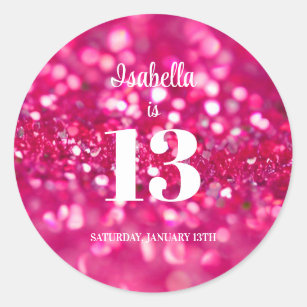 Hot Pink Glitter Glam Personalised 13th Birthday Classic Round Sticker