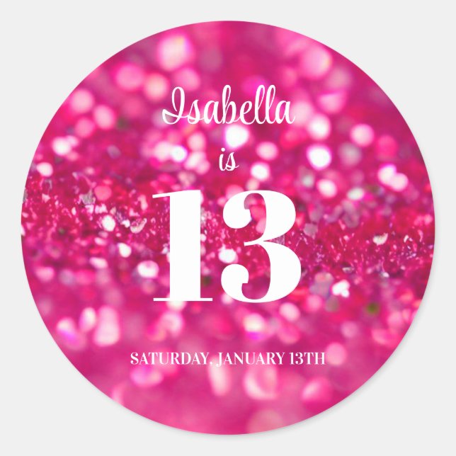 Hot Pink Glitter Glam Personalised 13th Birthday Classic Round Sticker (Front)