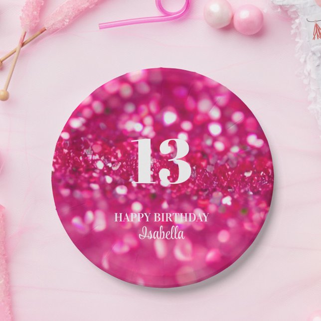 Hot Pink Glitter Glam Personalised 13th Birthday Paper Plate (Hot Pink Glitter 13th Birthday Party Paper Plates, Party Table Decorations)