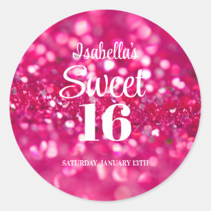 Hot Pink Glitter Glam Sweet 16 Birthday Classic Round Sticker
