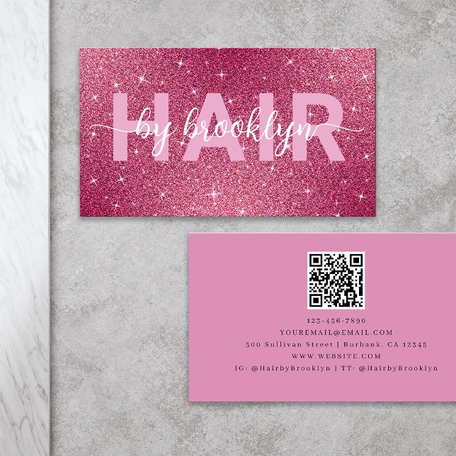 Hot Pink Glitter Hair By Stylist QR Code Business Card (Creator Uploaded)