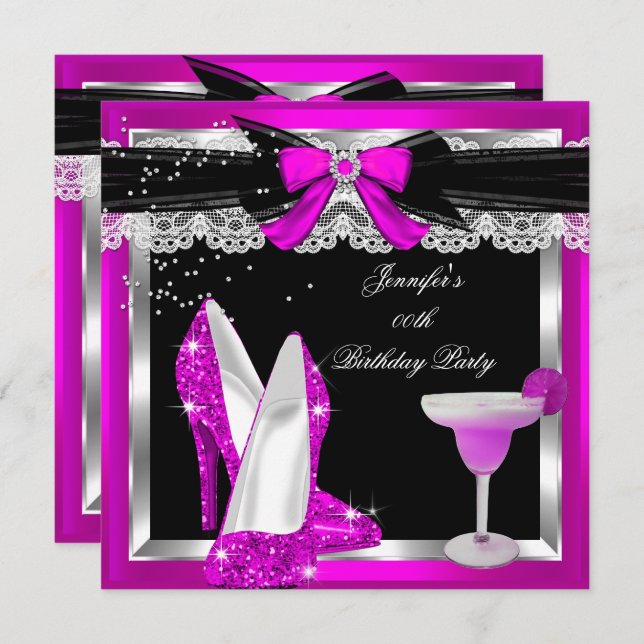 Hot Pink Glitter Hi Heels Silver Cocktail Party Invitation (Front/Back)