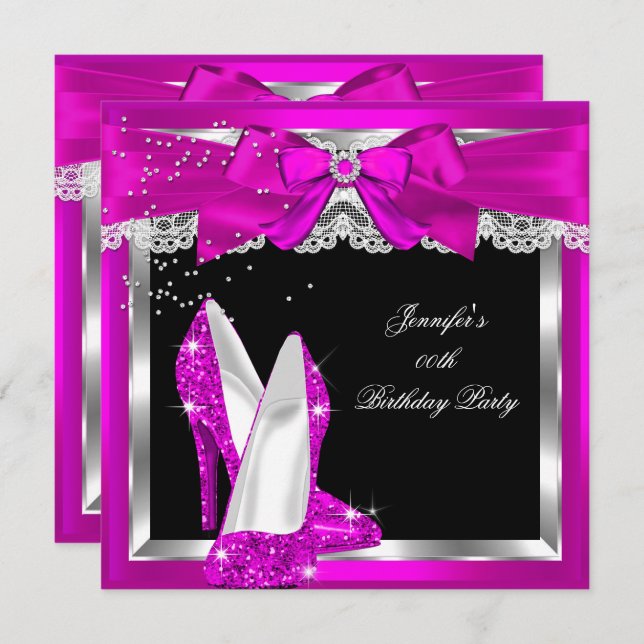 Hot Pink Glitter High Heel Silver Birthday Party Invitation (Front/Back)