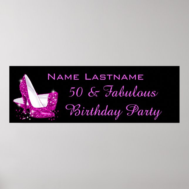 Hot Pink Glitter High Heels Birthday Banner Poster (Front)