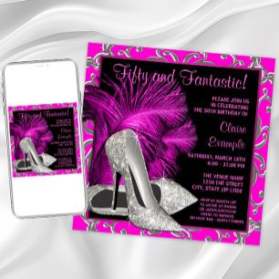 Hot Pink Glitter High Heels Womans 50th Birthday Invitation