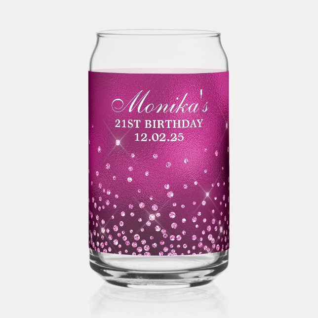 Hot Pink Glitter Hot Pink Foil 21st Birthday Can Glass (Front)
