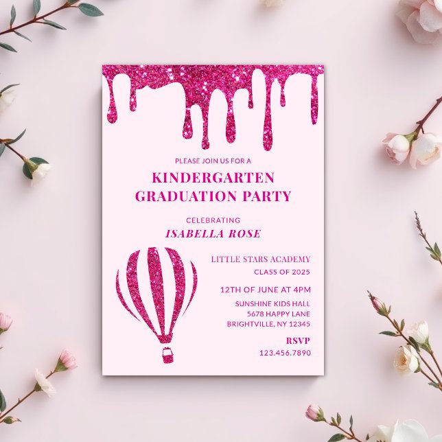 Hot pink Glitter Kindergarten Graduation Party Invitation (hot pink kindergarten graduation party invitations, graduation invitations, graduation day invites)