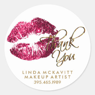Hot Pink Glitter Lipcolor - Thank You - White Classic Round Sticker
