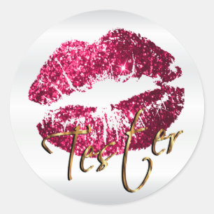 Hot Pink Glitter Lips 3 - Tester - Satin Classic Round Sticker