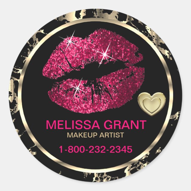 Hot Pink Glitter Lipstick - Marble Classic Round Sticker (Front)