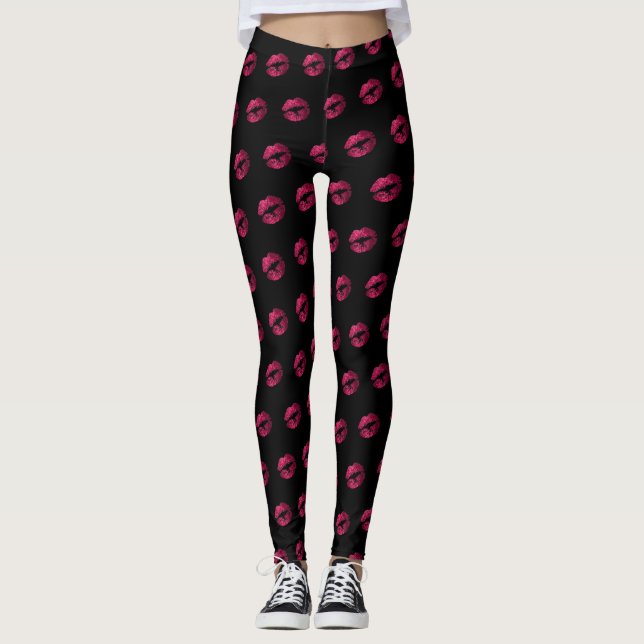 Hot Pink Glitter Lipstick Pattern Leggings (Front)