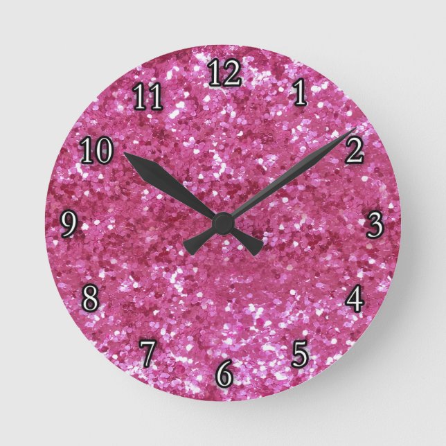 Hot Pink Glitter Look Round Clock (Front)