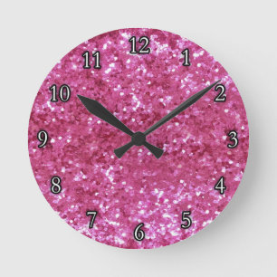 Hot Pink Glitter Look Round Clock
