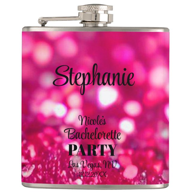 Hot Pink Glitter Modern Glam Bachelorette Party Hip Flask (Personalized Hot Pink Glitter Bachelorette Flask, Bachelorette Weekend Party Favor, Bridesmaid Gifts)