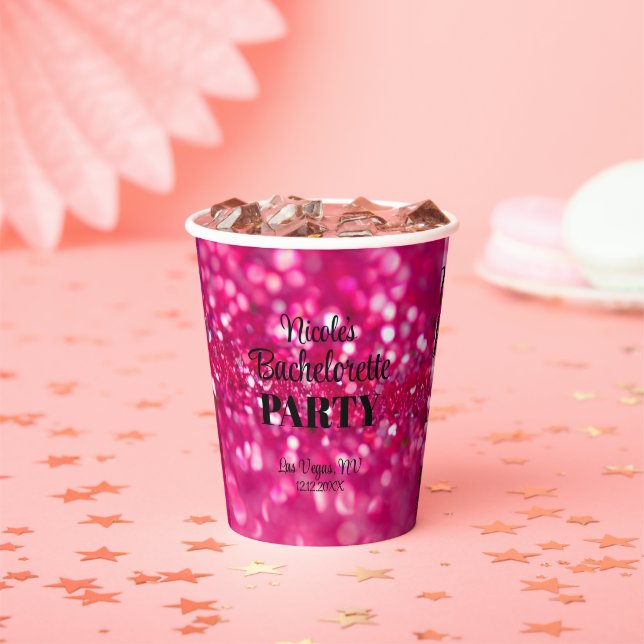Hot Pink Glitter Modern Glam Bachelorette Party Paper Cups (Insitu)