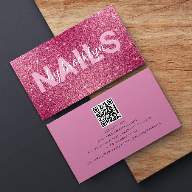 Hot Pink Glitter Nails By Tech Name QR Code Business Card (Creator Uploaded)