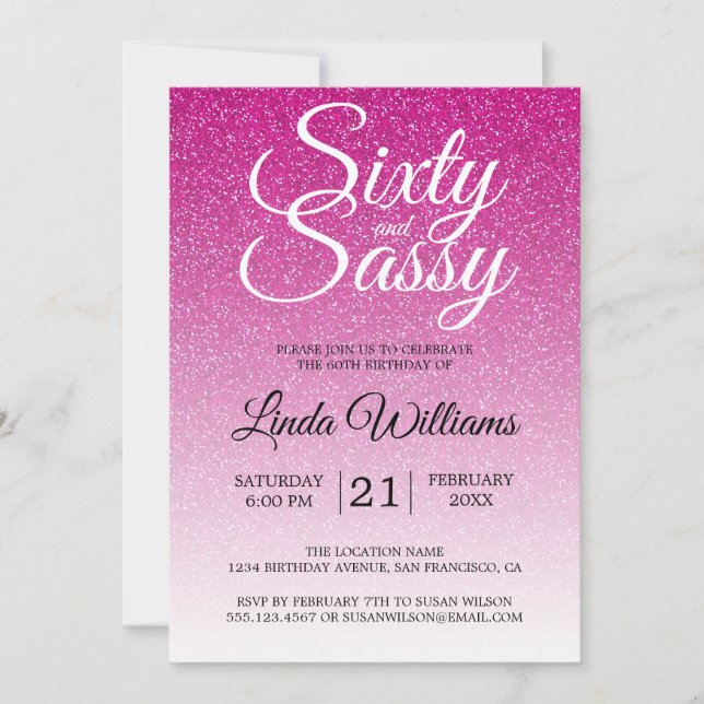 Hot Pink Glitter Ombre 60 and Sassy 60th Birthday Invitation (Front)
