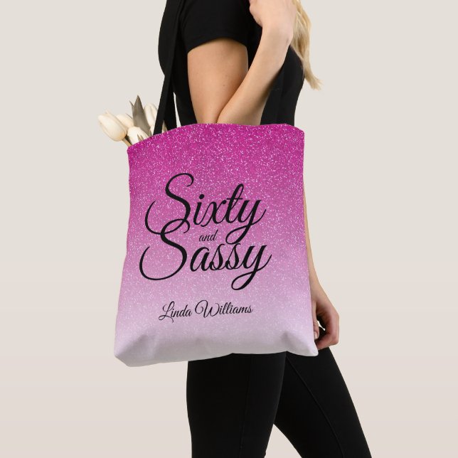 Hot Pink Glitter Ombre 60 and Sassy 60th Birthday Tote Bag (Close Up)