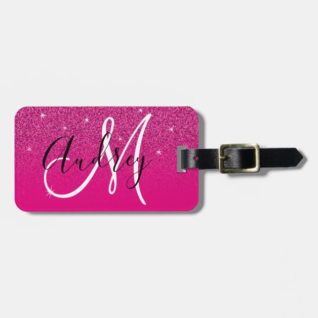 Hot Pink Glitter Ombre Personalised Monogram Luggage Tag (Front Horizontal)