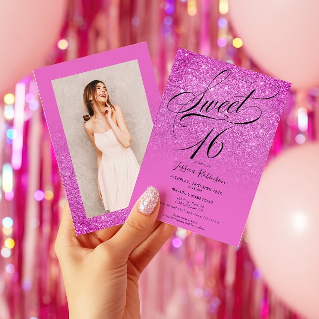 Hot Pink glitter ombre script  photo Sweet 16 Invitation (Hot Pink glitter ombre script photo Sweet 16 Invitation)