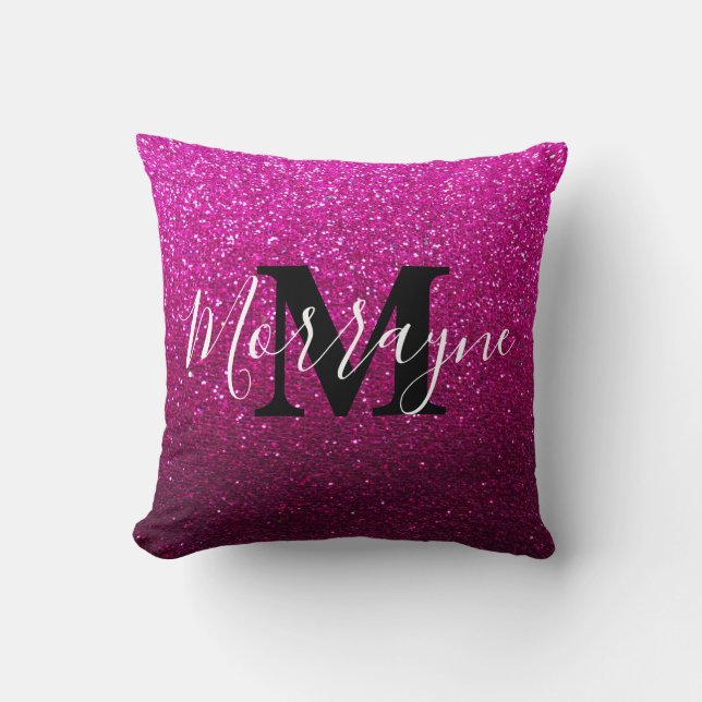 Hot Pink Glitter Ombre Sparkle Metallic Monogram Cushion (Front)