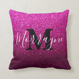 Hot Pink Glitter Ombre Sparkle Metallic Monogram Cushion