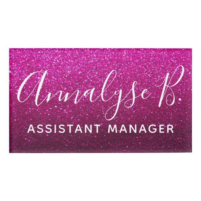 Hot Pink Glitter Ombre Sparkly Name Professional Tag (Front)