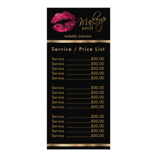 Hot Pink Glitter on Black Lip Service / Price List Rack Card (Front)