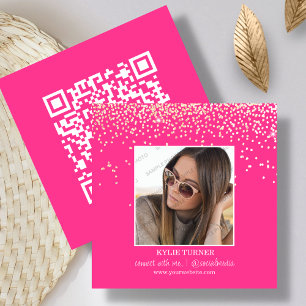 Hot Pink Glitter Photo Social Media QR Code Square Business Card