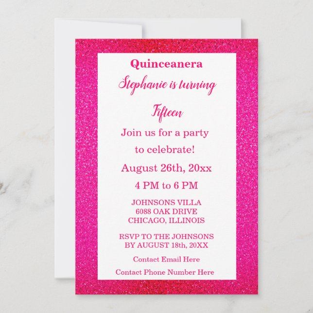 Hot Pink Glitter Quinceanera 15th Birthday Party  Invitation (Front)