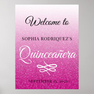 Hot Pink Glitter Quinceañera 15th Birthday Welcome Poster