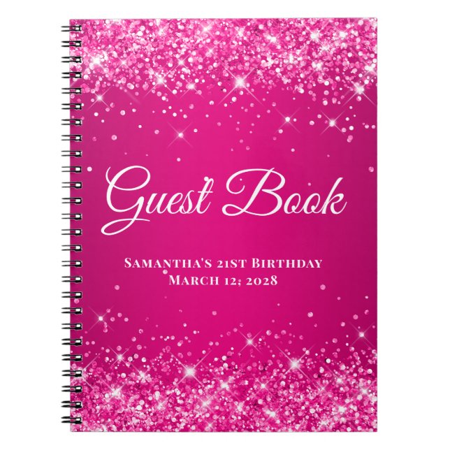 Hot Pink Glitter Raspberry Ombre Birthday Guest Notebook (Front)