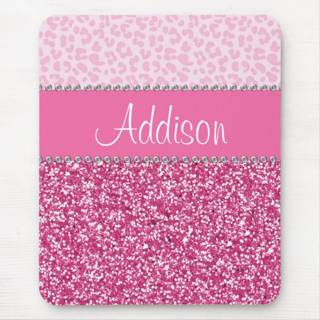 Hot Pink Glitter Rhinestone Leopard Bling Mousepad (Front)