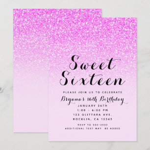 Hot Pink Glitter Sparkle Glam Sweet 16 Party Invitation