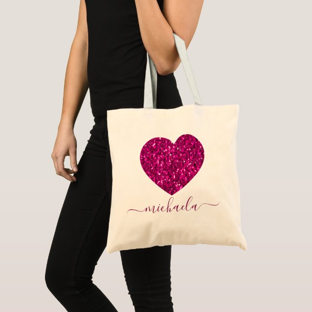 Hot pink glitter sparkles faux heart Monogram Tote Bag (Front (Product))