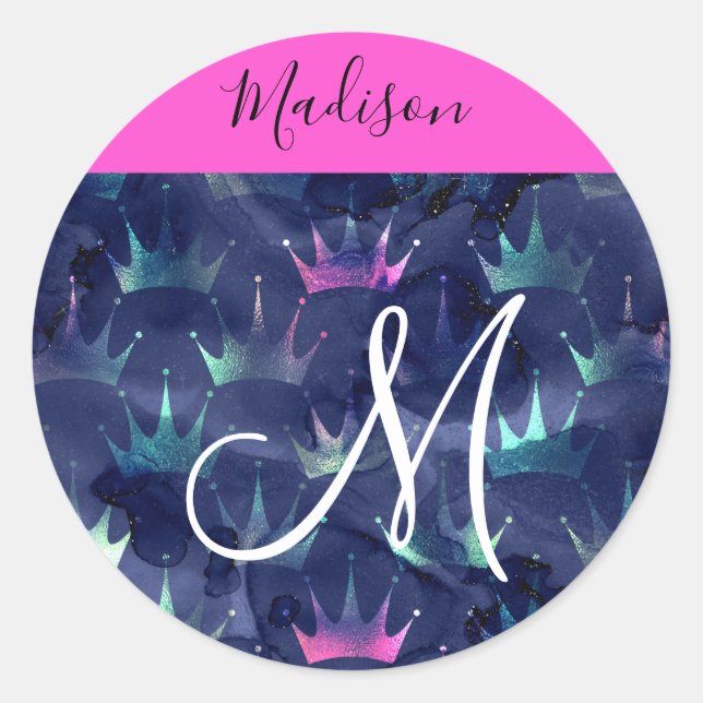 Hot Pink Glitter Sparkles Mermaid Crowns Monogram Classic Round Sticker (Front)