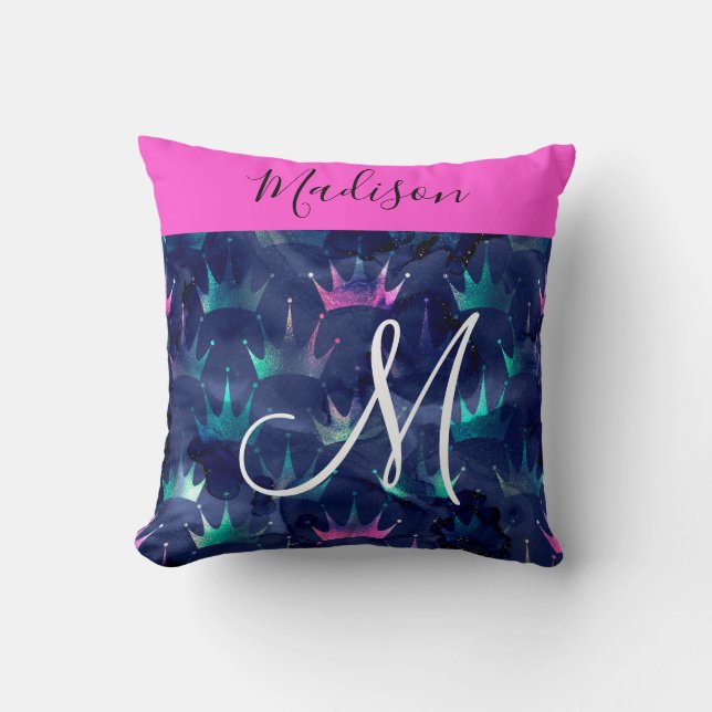 Hot Pink Glitter Sparkles Mermaid Crowns Monogram Cushion (Front)