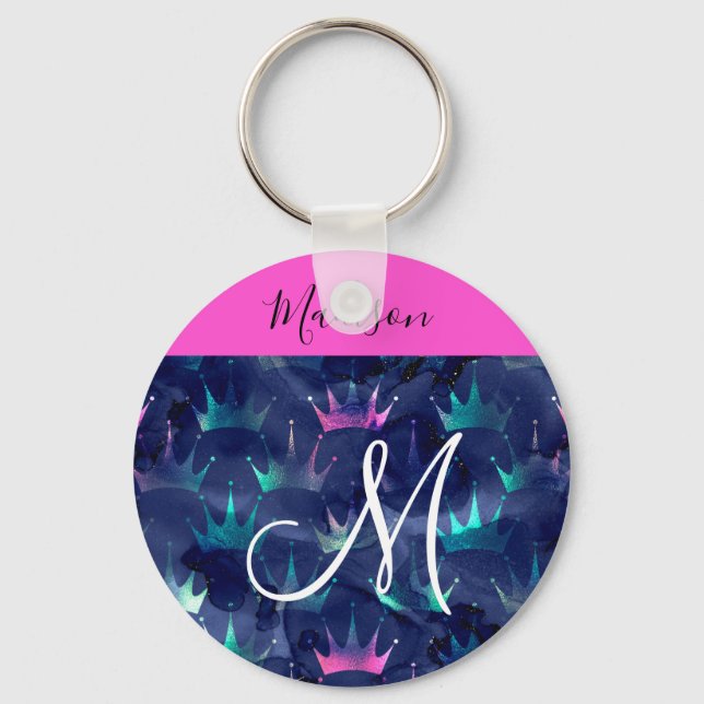 Hot Pink Glitter Sparkles Mermaid Crowns Monogram Key Ring (Front)