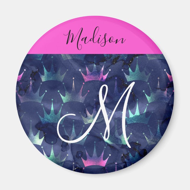 Hot Pink Glitter Sparkles Mermaid Crowns Monogram Magnet (Front)