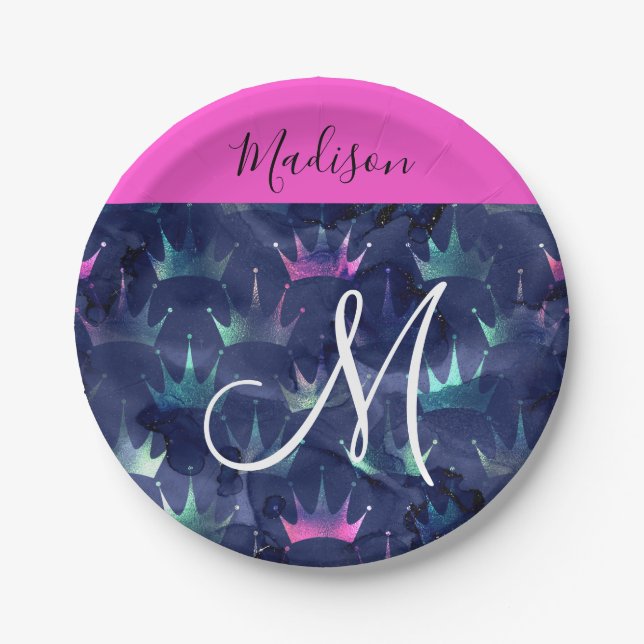Hot Pink Glitter Sparkles Mermaid Crowns Monogram Paper Plate (Front)