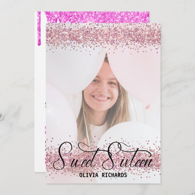 Hot Pink Glitter | Sweet Sixteen Invitation (Front/Back)