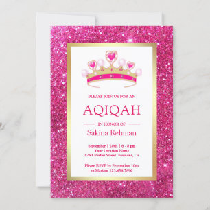 Hot Pink Glitter Tiara Princess Aqiqah Invitation