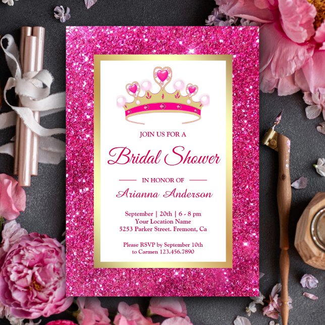 Hot Pink Glitter Tiara Princess Bridal Shower Invitation (Creator Uploaded)
