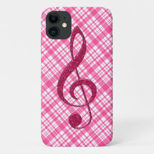 Hot Pink Glitter Treble Clef on Pink Plaid iPhone 11 Case